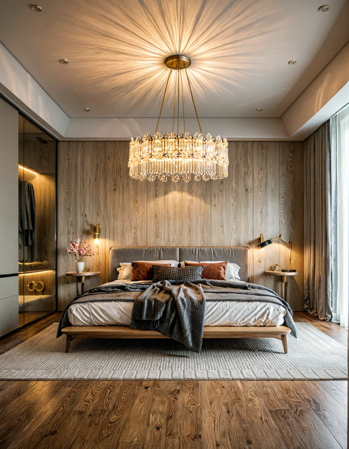 Raw photo,Masterpiece, high quality, best quality, authentic, super detail, interior, indoors, ((bedroom style modern luxury)), sunset, day light, bed, carpet, bedside cabinets, wood floor ,wardrobe, glass cabinet doors, chandeliers, windows, curtains, downlight, (flower vase)