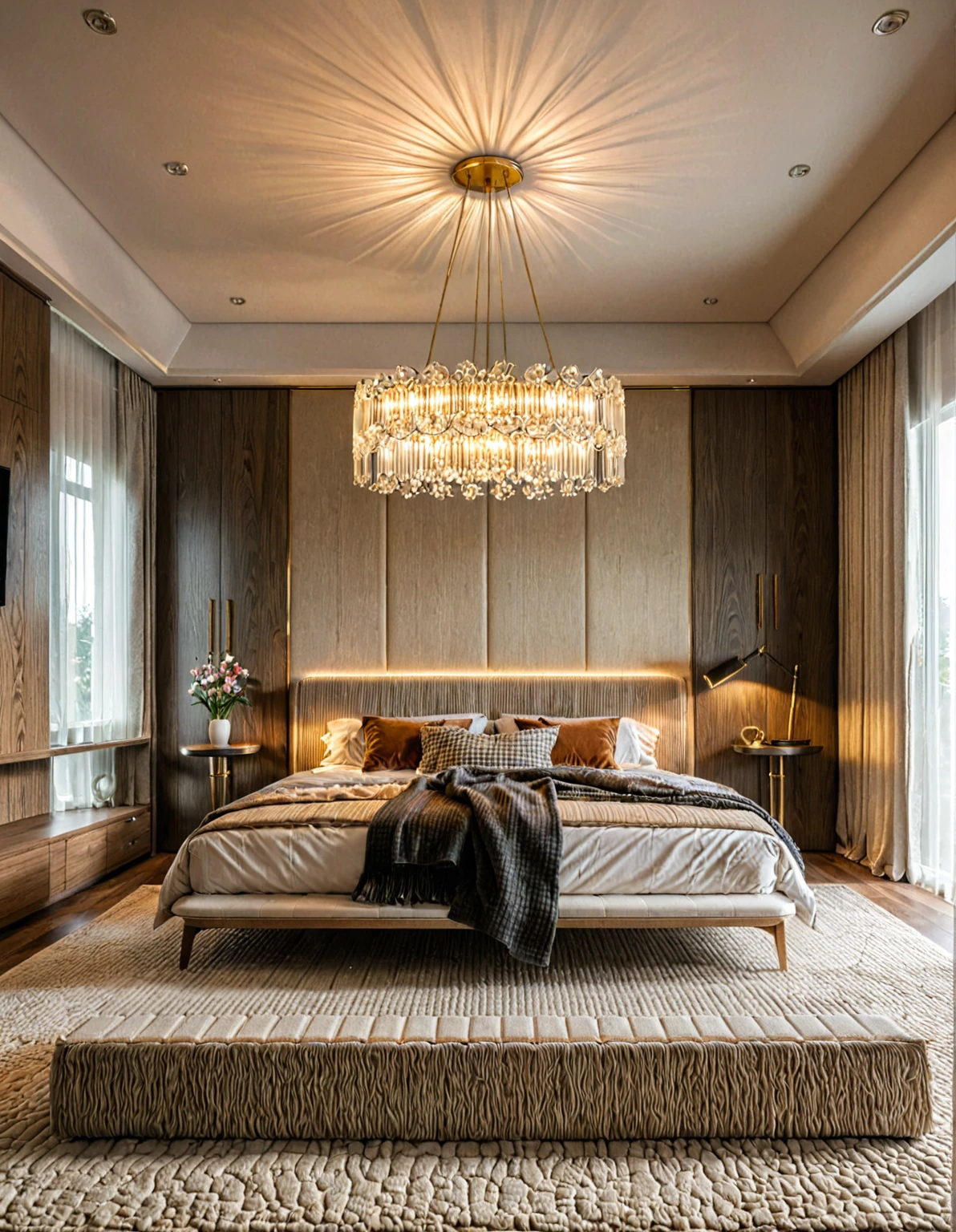 Raw photo,Masterpiece, high quality, best quality, authentic, super detail, interior, indoors, ((bedroom style modern luxury)), sunset, day light, bed, carpet, bedside cabinets, wood floor ,wardrobe, glass cabinet doors, chandeliers, windows, curtains, downlight, (flower vase)