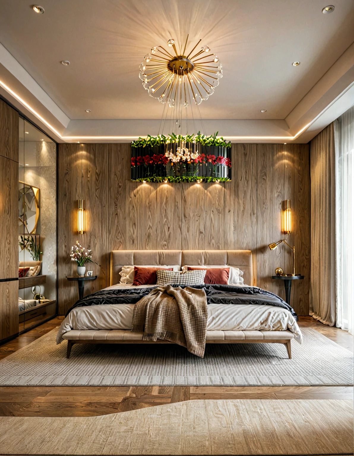 Raw photo,Masterpiece, high quality, best quality, authentic, super detail, interior, indoors, ((bedroom style modern luxury)), sunset, day light, bed, carpet, bedside cabinets, wood floor ,wardrobe, glass cabinet doors, chandeliers, windows, curtains, downlight, (flower vase)