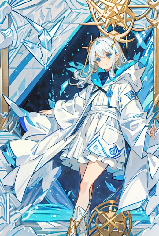 A male sorcerer with feminine features ((wearing a white-gold kemono)) casting a hexagonal symbol of blue lights.