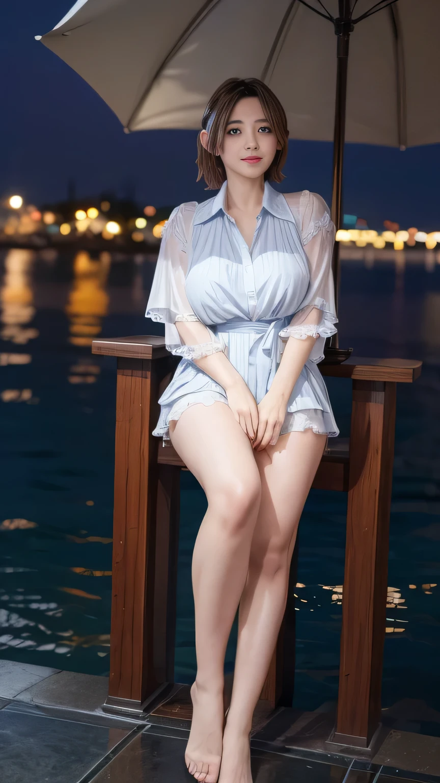 (8k, best quality, masterpiece:1.2), (realistic, photo-realistic:1.37), ultra-detailed,((( 1 girl))),solo,beautiful detailed sky,detailed cafe,night,sitting,dating,(nose blush),(smile:1.15),(closed mouth), (big breasts1.5),beautiful detailed eyes,(shirt:1.1), night, wet, rain,white lace, (short hair:1.2),floating hair NovaFrogStyle, ((full body)),stand, sexy, cute