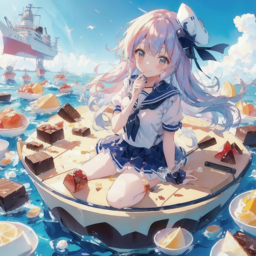 Anime girl sitting on a pudding boat in the water, Sailor suit,smile,Kantai Collection Style, Splash Art Anime Loli, Anime Style 4k, Wallpaper Anime Blue Water, 4k anime wallpaper, anime art wallpaper 4k, anime art wallpaper 4k, Anime girl walking on water, Anime Art Wallpapers 8K, Azur Lane Style, Anime Girl Desktop Backgrounds