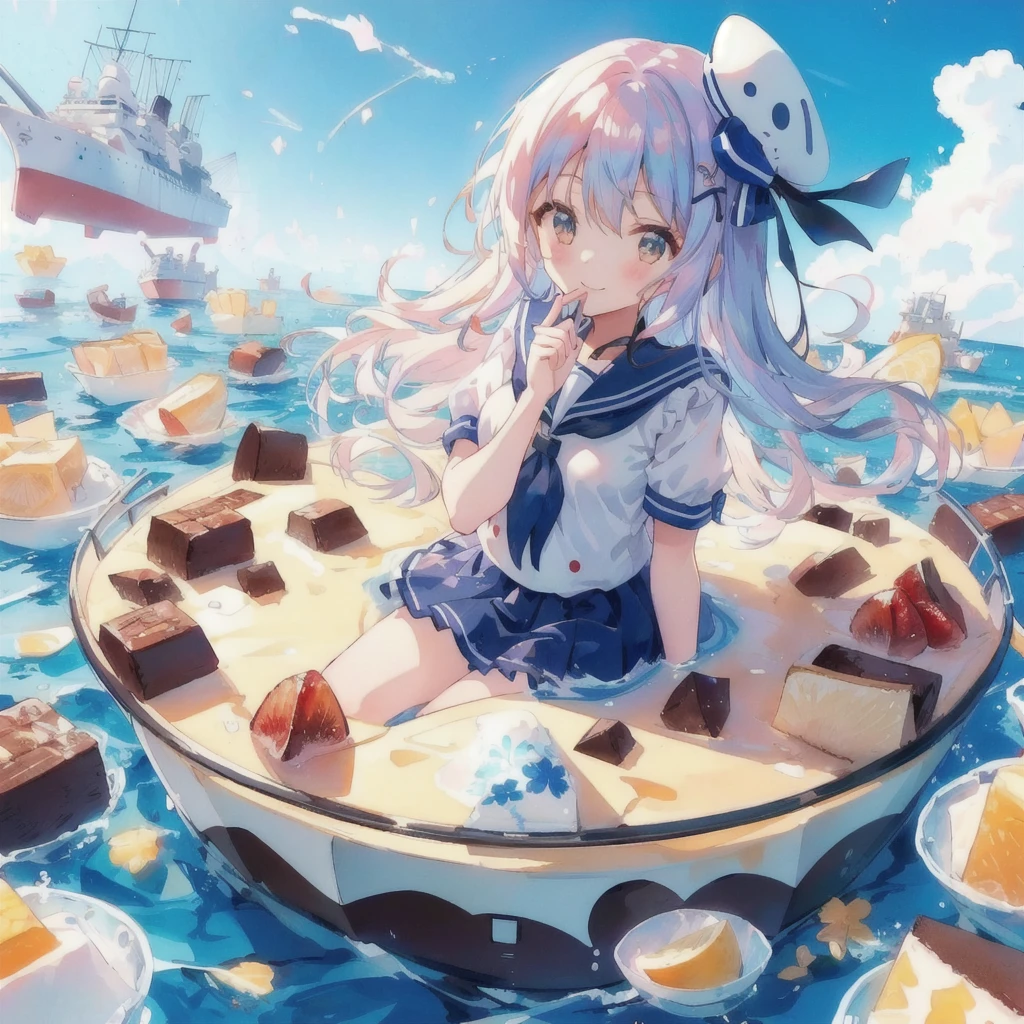 Anime girl sitting on a pudding boat in the water, Sailor suit,smile,Kantai Collection Style, Splash Art Anime Loli, Anime Style 4k, Wallpaper Anime Blue Water, 4k anime wallpaper, anime art wallpaper 4k, anime art wallpaper 4k, Anime girl walking on water, Anime Art Wallpapers 8K, Azur Lane Style, Anime Girl Desktop Backgrounds