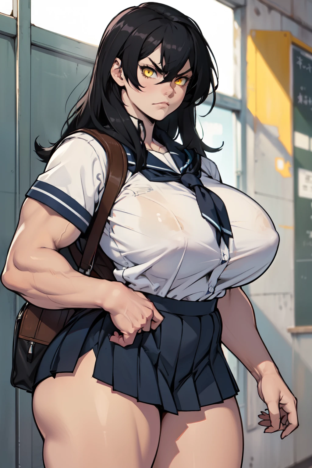 ((1girl)), black hair, extremely long hair, yellow eyes, ((muscular)), huge breasts, thick thighs, solo, angry, (pale skin), cowboy shot, (school uniform) (huge breasts)