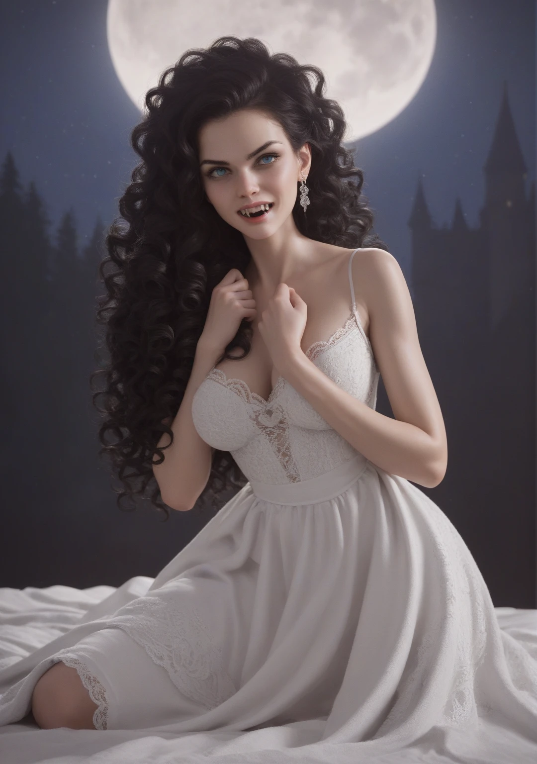 score_9, score_8_up, score_7_up, score_6_up, rating: safe, 1girl, solo, (black_hair:1.5), wavy_hair, jewelry, dress, blue_eyes, earrings, (long_hair:1.5), looking_at_viewer, curly_hair, full_body, lips, lace, blanket, (night:1.3), cxqz8r, medieval_dress, medieval_landscape, fullmoon, rpg, (rape_face:1.3), narrow_waist, (skinny:1.3), (pale_skin:1.2), open_mouth, parted_lips, (oral_invitation:1.2), (fangs:1.4), (furious:1.3), (large_breasts:1.2)