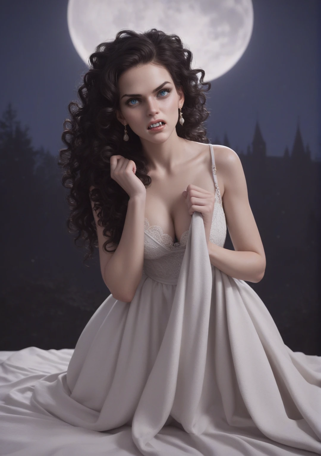 score_9, score_8_up, score_7_up, score_6_up, rating: safe, 1girl, solo, (black_hair:1.5), wavy_hair, jewelry, dress, blue_eyes, earrings, (long_hair:1.5), looking_at_viewer, curly_hair, full_body, lips, lace, blanket, (night:1.3), cxqz8r, medieval_dress, medieval_landscape, fullmoon, rpg, (rape_face:1.3), narrow_waist, (skinny:1.3), (pale_skin:1.2), open_mouth, parted_lips, (oral_invitation:1.2), (fangs:1.4), (furious:1.3), (large_breasts:1.2)
