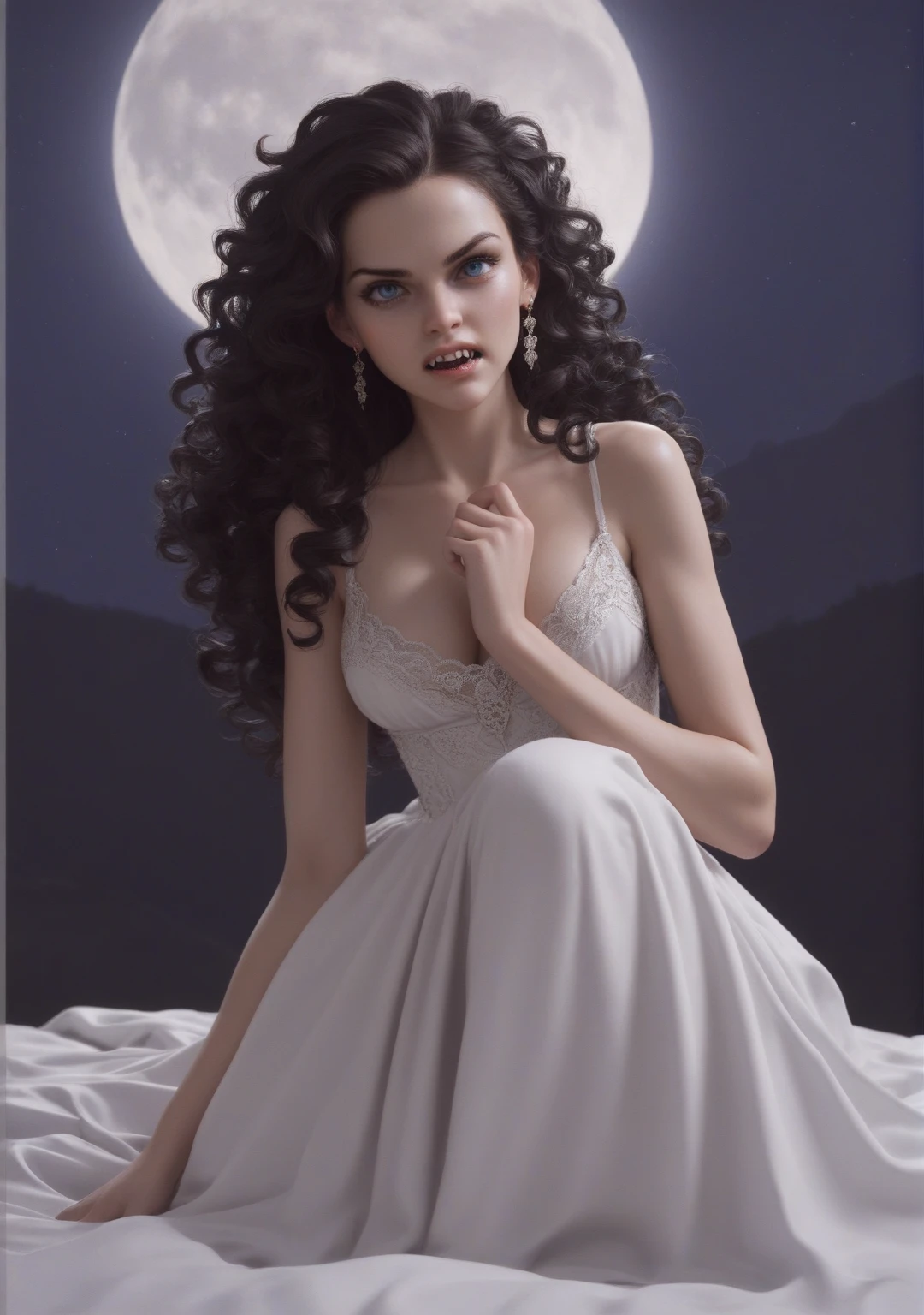 score_9, score_8_up, score_7_up, score_6_up, rating: safe, 1girl, solo, (black_hair:1.5), wavy_hair, jewelry, dress, blue_eyes, earrings, (long_hair:1.5), looking_at_viewer, curly_hair, full_body, lips, lace, white_dress, gold_dress, (night:1.3), cxqz8r, medieval_dress, medieval_landscape, fullmoon, rpg, (rape_face:1.3), narrow_waist, (skinny:1.3), (pale_skin:1.2), (open_mouth:1.3), parted_lips, (oral_invitation:1.2), (fangs:1.4), (furious:1.4), (angry:1.5), (large_breasts:1.2), nude