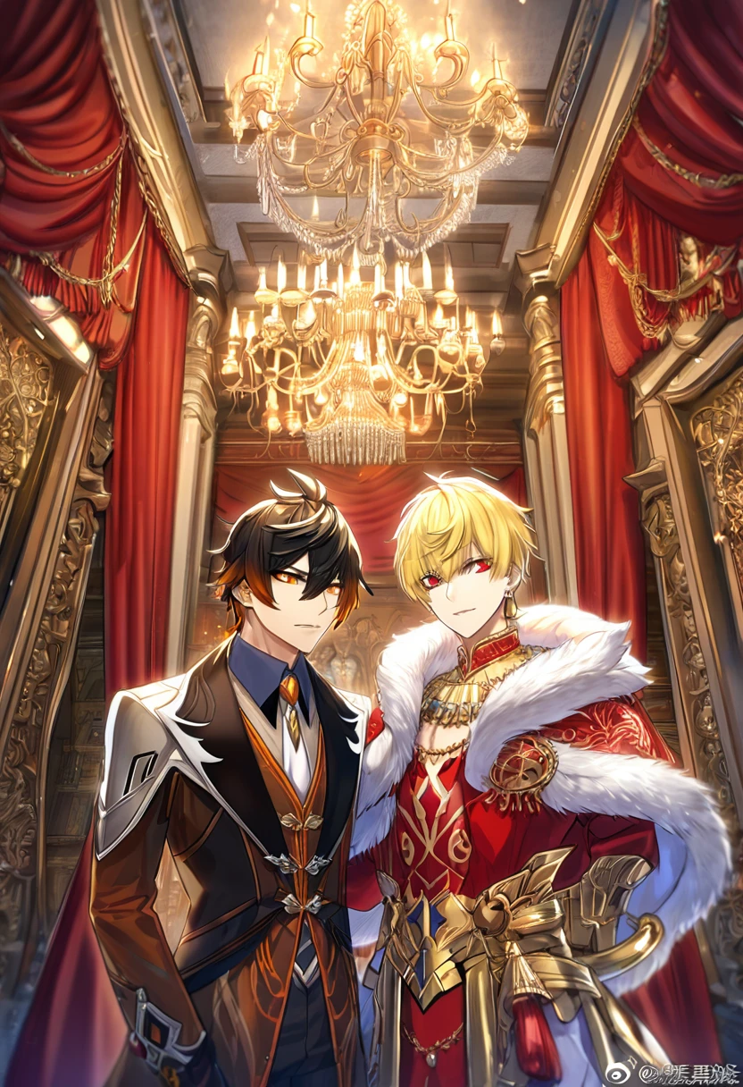 (absurdres, highres, ultra detailed, HDR) master piece, best quality, delicated features, (caster) Gilgamesh, blonde messy hair, expressive red eyes, fate grand order, Zhongli, black hair, expressive yellow eyes, two sexy men standing together, gay couple, handsome, black coat, red coat with fur, inside a castle, chandelier, red curtains, fantasy, radiant 