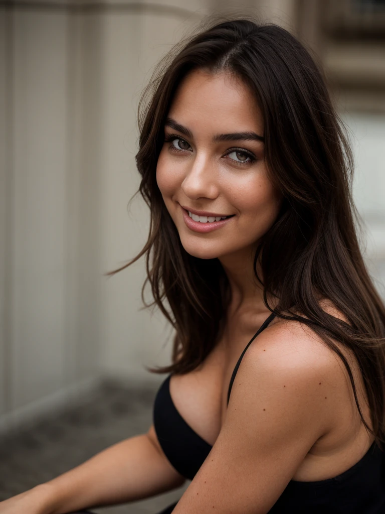 beautiful brunette, amateur photo shot of a woman with large breasts, ((large breasts)), detailed skin, long brown hair, sitting with spread legs, wearing a dress, perfect smile, perfect teeth, soft natural raw light, highly detailed, best quality, ultra detailed, extremely detailed, analog style, RAW photo, photography, hyper photorealistic, taken from mobile camera, f/22, deep depth of field, grain, noise