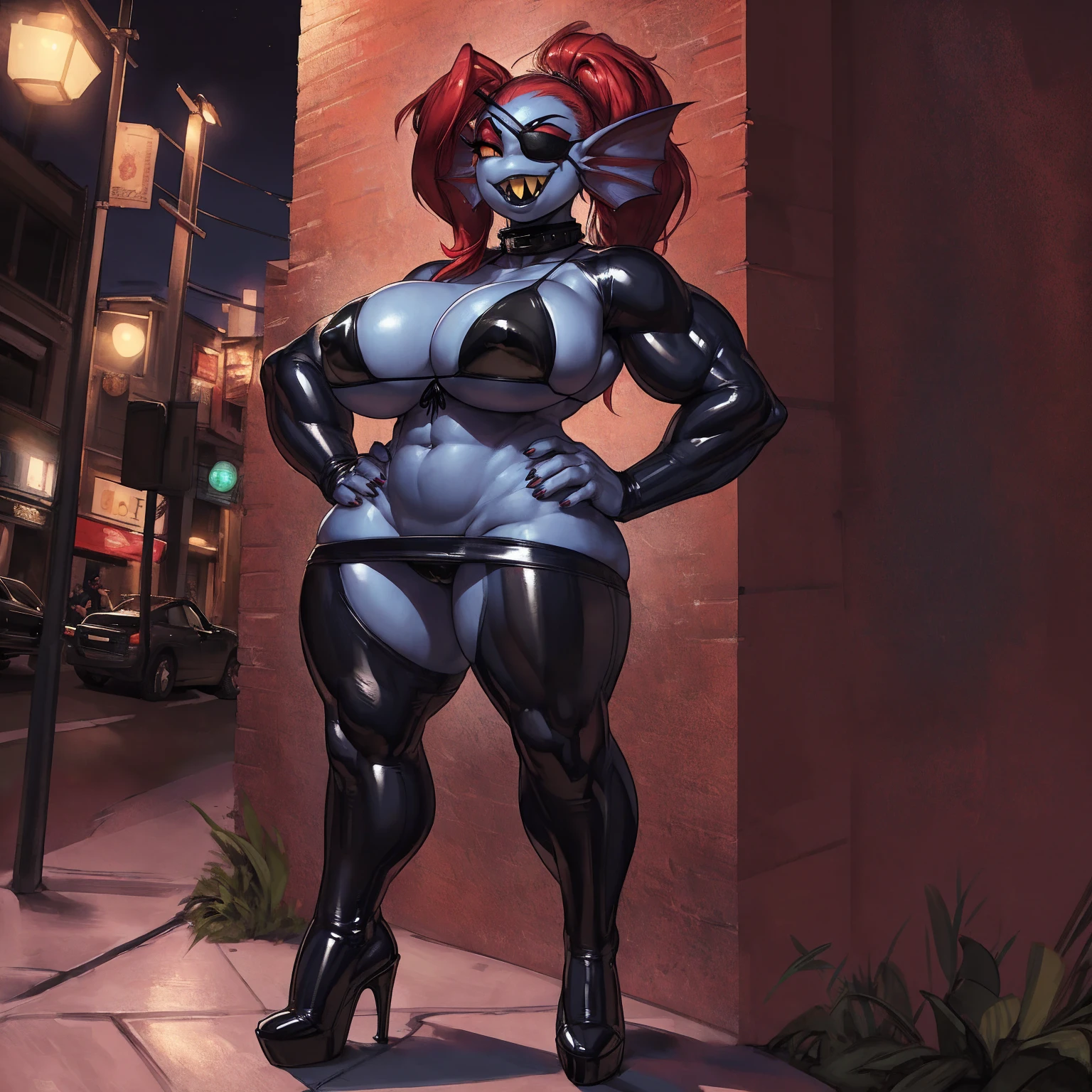 solo, 1girl, undyne, blue skin, female, (big bottom lip:1.3), (black lip gloss:1.3), buff, muscular, huge breasts, huge, black leather collar, blue eyeshadow, (black latex bikini top:1.6), (black latex miniskirt:1.4), (nipple outline:0.7), (black heels:1.4), (street corner:1.4), hands on hips, late night, street light, standing upright, very tall, yellow teeth, sharp teeth, laughing, black eye patch, looking at viewer, by darkgem, by kevinsano, by BNG,