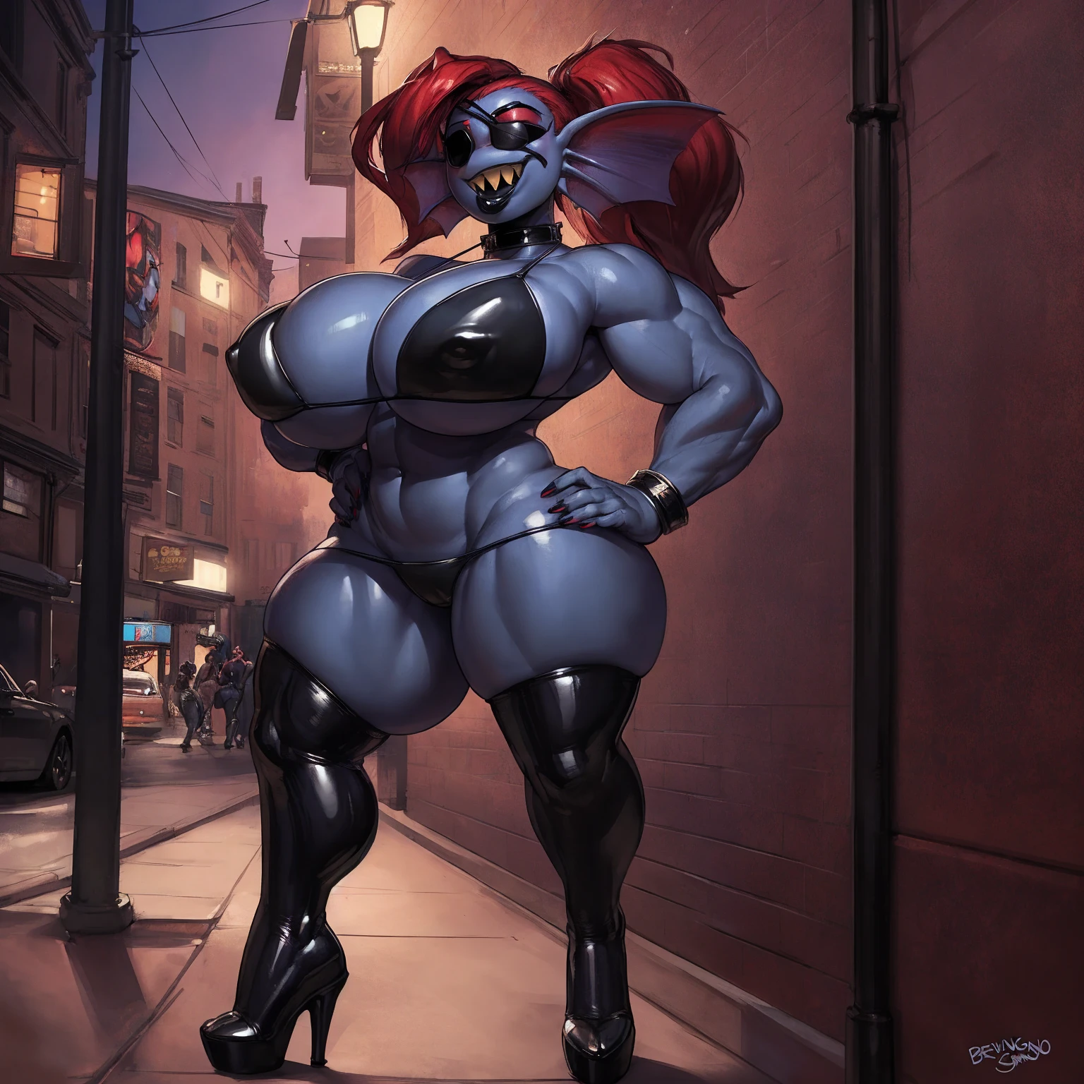 solo, 1girl, undyne, blue skin, female, (big bottom lip:1.3), (black lip gloss:1.3), buff, muscular, ????????????, huge, black leather collar, blue eyeshadow, (black latex ?????? top:1.6), (black latex miniskirt:1.4), (?????? outline:0.7), (black heels:1.4), (street corner:1.4), hands on ????, late night, street light, standing upright, very tall, yellow teeth, sharp teeth, laughing, black eye patch, looking at viewer, by darkgem, by kevinsano, by BNG,