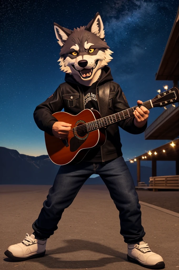 a wolf character with an animal grin plays the guitar in the style of James Hetfield against the background of the night sky