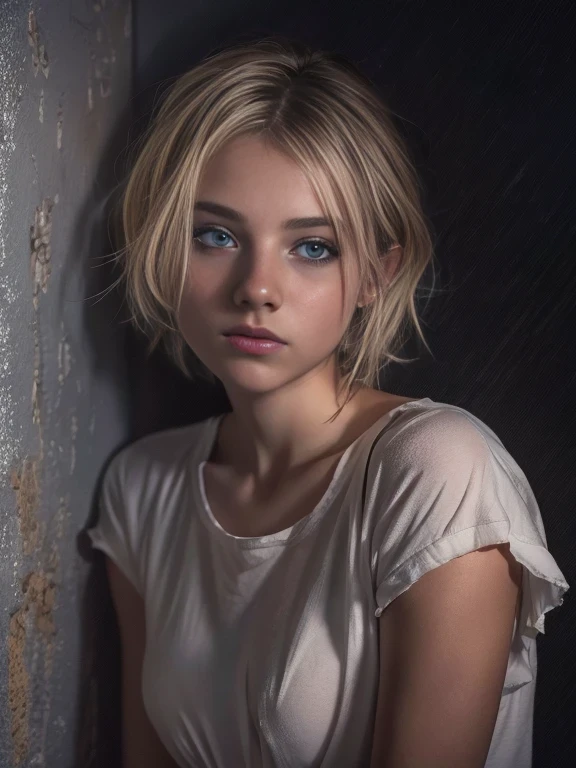 full body shot, 1 young girl, blonde hair, white tshirt, flat chested, 18yo (best quality:1) , (masterpiece:1), (ultra detailed:1), photorealism, upper body, (looking at viewer:1.1), (indoors, night, darkness, dark room:1.2), side on, short hair, choker, atmospheric lighting, moody and gritty, low key lighting