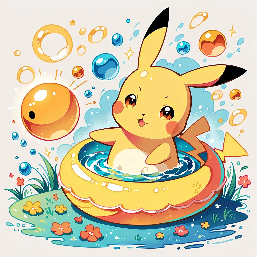 cute scene featuring Pikachu practicing swimming, Pikachu should be in a shallow pool or a calm body of water, looking determined and joyful. Use a bright and cheerful color palette with soft, painterly strokes. Include elements like a small floatation device or swim ring, water splashes around Pikachu, and perhaps a few playful bubbles. The background should feature a sunny day with clear skies, and maybe some gentle waves or distant beach scenery.