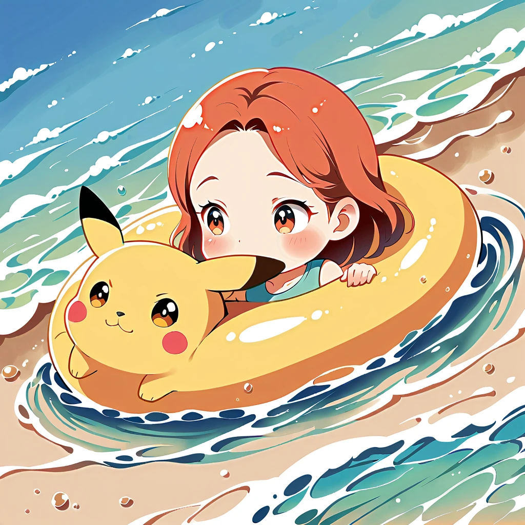 cute scene featuring Pikachu practicing swimming, Pikachu should be in a shallow pool or a calm body of water, looking determined and joyful. Use a bright and cheerful color palette with soft, painterly strokes. Include elements like a small floatation device or swim ring, water splashes around Pikachu, and perhaps a few playful bubbles. The background should feature a sunny day with clear skies, and maybe some gentle waves or distant beach scenery.