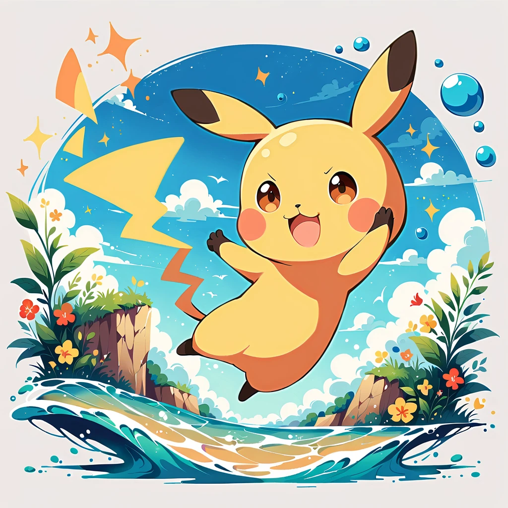 cute scene featuring Pikachu practicing swimming, Pikachu should be in a shallow pool or a calm body of water, looking determined and joyful. Use a bright and cheerful color palette with soft, painterly strokes. Include elements like a small floatation device or swim ring, water splashes around Pikachu, and perhaps a few playful bubbles. The background should feature a sunny day with clear skies, and maybe some gentle waves or distant beach scenery.