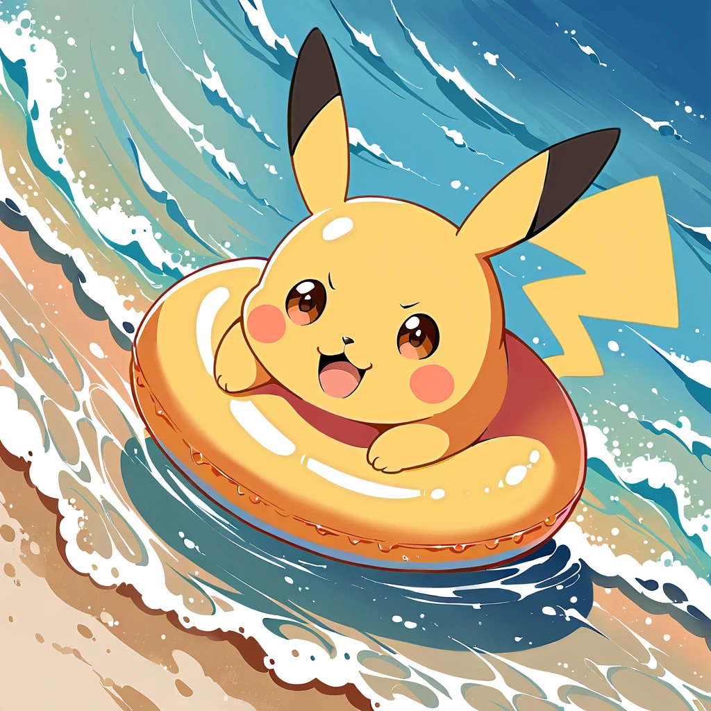 cute scene featuring Pikachu practicing swimming, Pikachu should be in a shallow pool or a calm body of water, looking determined and joyful. Use a bright and cheerful color palette with soft, painterly strokes. Include elements like a small floatation device or swim ring, water splashes around Pikachu, and perhaps a few playful bubbles. The background should feature a sunny day with clear skies, and maybe some gentle waves or distant beach scenery.