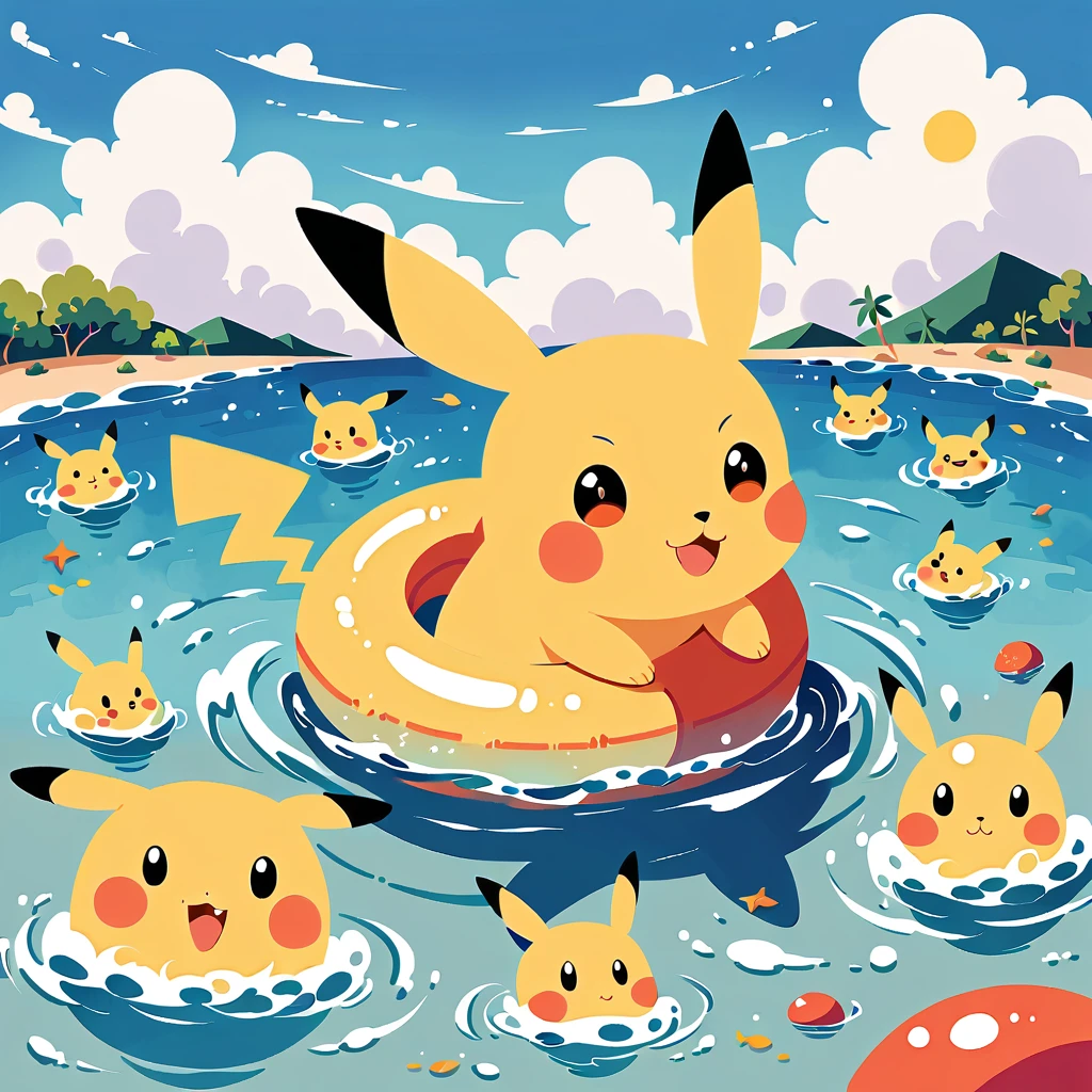 cute scene featuring Pikachu practicing swimming, Pikachu should be in a shallow pool or a calm body of water, looking determined and joyful. Use a bright and cheerful color palette with soft, painterly strokes. Include elements like a small floatation device or swim ring, water splashes around Pikachu, and perhaps a few playful bubbles. The background should feature a sunny day with clear skies, and maybe some gentle waves or distant beach scenery.