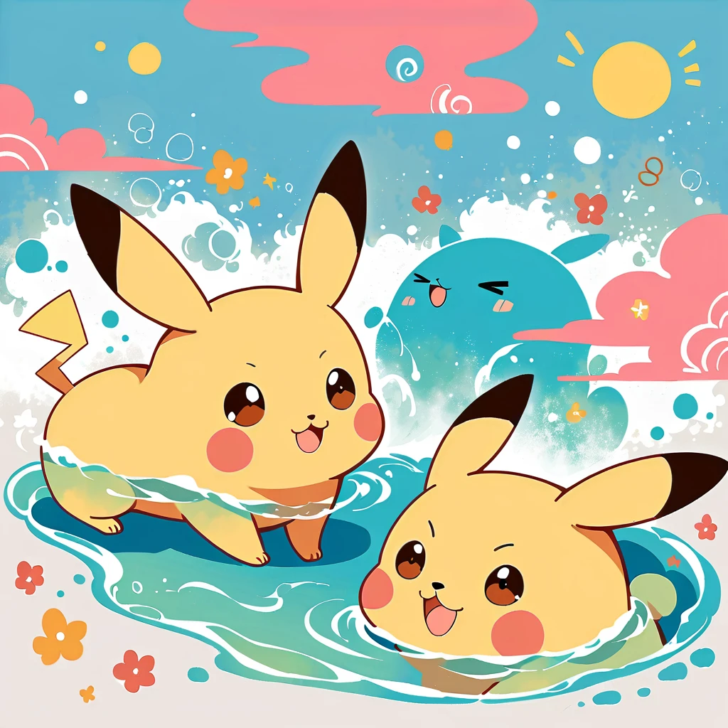 cute scene featuring Pikachu practicing swimming, Pikachu should be in a shallow pool or a calm body of water, looking determined and joyful. Use a bright and cheerful color palette with soft, painterly strokes. Include elements like a small floatation device or swim ring, water splashes around Pikachu, and perhaps a few playful bubbles. The background should feature a sunny day with clear skies, and maybe some gentle waves or distant beach scenery.