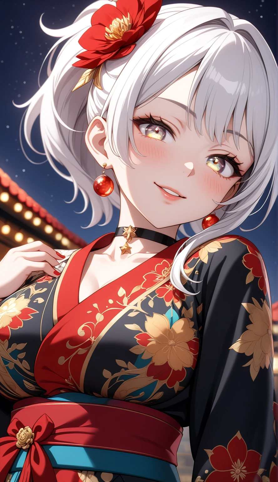 ((One personの女性)), Beautiful Face, (seductive smile),((Wink:1.9)),Laugh with your mouth wide open((Bright red cheeks:1.4)),Shiny red lips,night,rooftop,Festive decorations,You can see the ocean, Starry Sky,Laughing with your mouth open,Glossy pink lips,Facial lighting,((Anime style background)),masterpiece, Highest quality, so beautiful,up to date, Complex details, (Pink long nails),(ring),(bracelet),(choker),AI-generated, Complex,High resolution, Highest quality, super high quality,3D Images、3D Images,One person,Long white hair,High Ponytail,(Pale eyes),Anime woman posing for a photo, ((Fine eyes、Silvery white colorful eyes、Shining Eyes:1.4)),(Squint your eyes:1.1),a hyperRealistic , hyperRealistic , Realistic,Anime woman with long white hair, Smooth anime CG art, A woman in a colorful kimono with gold embroidery, (Black long sleeve kimono),Red floral pattern,Long flower hair ornament,big floral earrings,Mature Body,(Big Breasts:1.1),expensive,Abdominal muscles,Tight waist,(Zoom up to face:1.7),Shooting from diagonally below