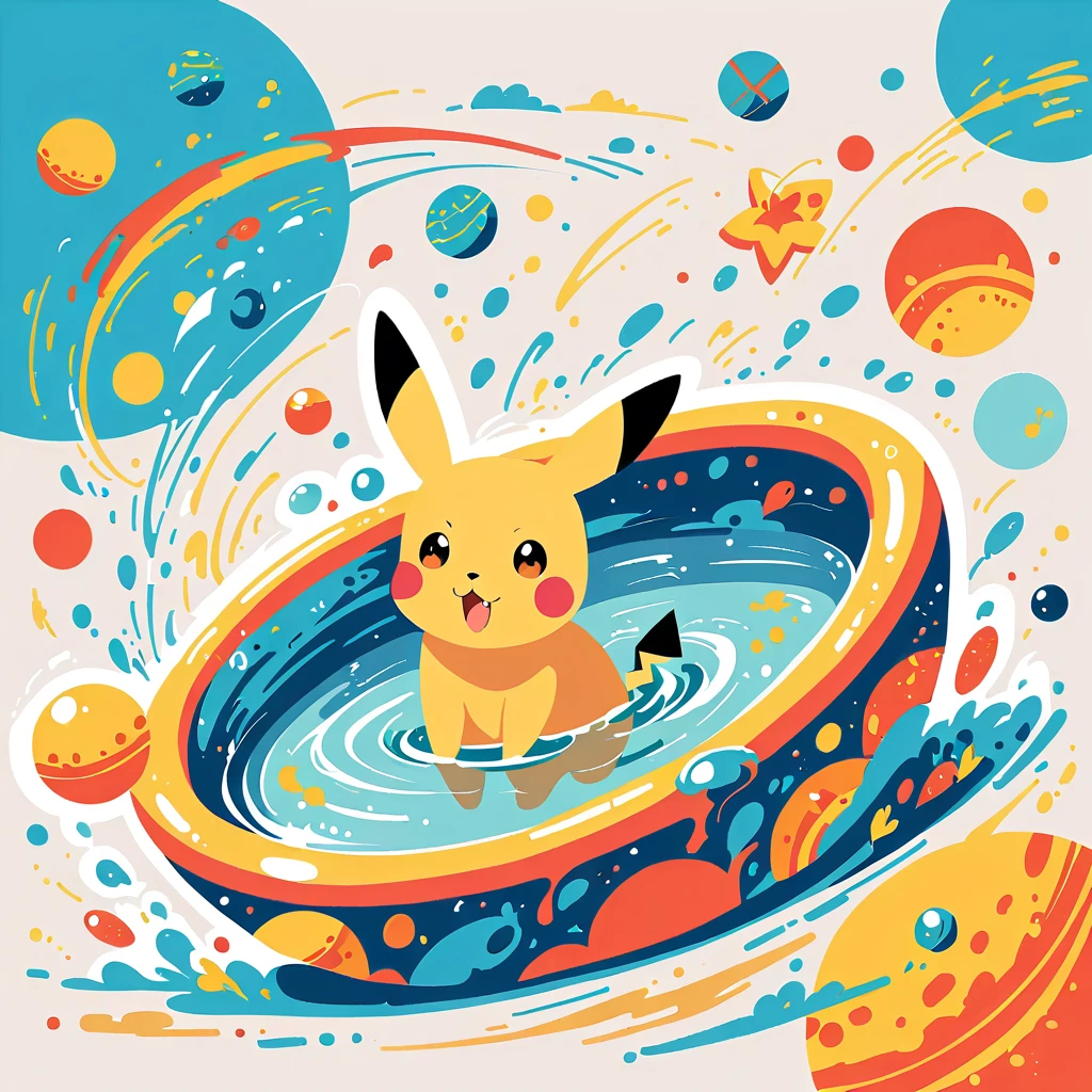 cute scene featuring Pikachu practicing swimming, Pikachu should be in a shallow pool or a calm body of water, looking determined and joyful. Use a bright and cheerful color palette with soft, painterly strokes. Include elements like a small floatation device or swim ring, water splashes around Pikachu, and perhaps a few playful bubbles. The background should feature a sunny day with clear skies, and maybe some gentle waves or distant beach scenery.