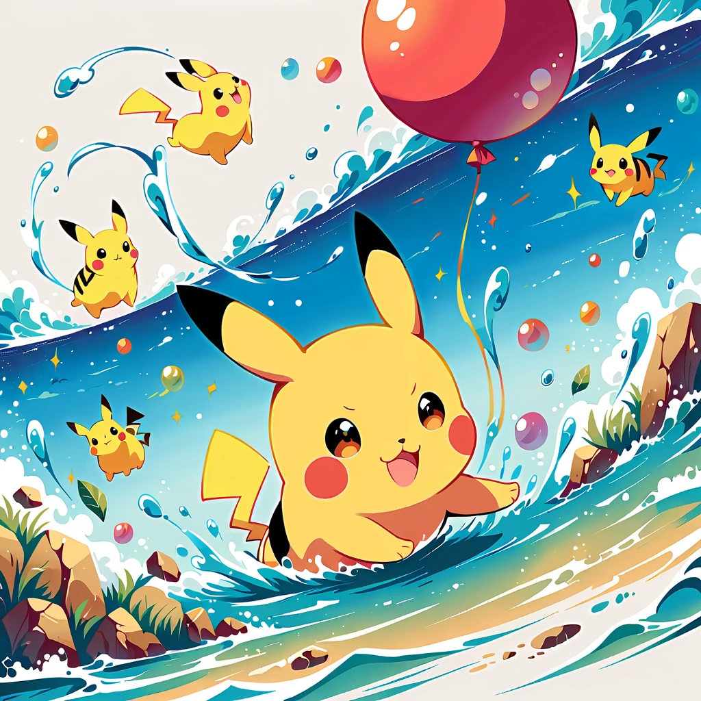 cute scene featuring Pikachu practicing swimming, Pikachu should be in a shallow pool or a calm body of water, looking determined and joyful. Use a bright and cheerful color palette with soft, painterly strokes. Include elements like a small floatation device or swim ring, water splashes around Pikachu, and perhaps a few playful bubbles. The background should feature a sunny day with clear skies, and maybe some gentle waves or distant beach scenery.