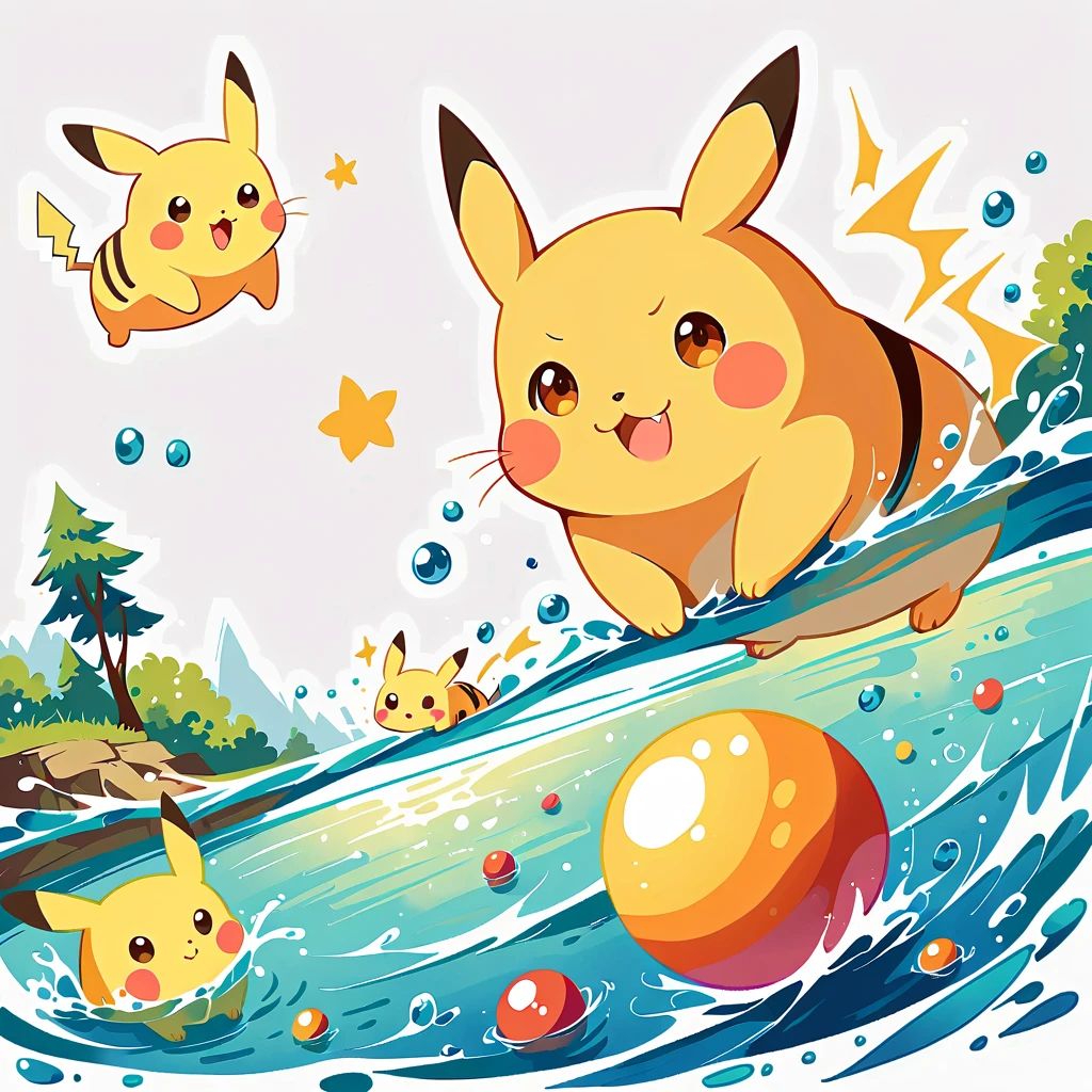 cute scene featuring Pikachu practicing swimming, Pikachu should be in a shallow pool or a calm body of water, looking determined and joyful. Use a bright and cheerful color palette with soft, painterly strokes. Include elements like a small floatation device or swim ring, water splashes around Pikachu, and perhaps a few playful bubbles. The background should feature a sunny day with clear skies, and maybe some gentle waves or distant beach scenery.
