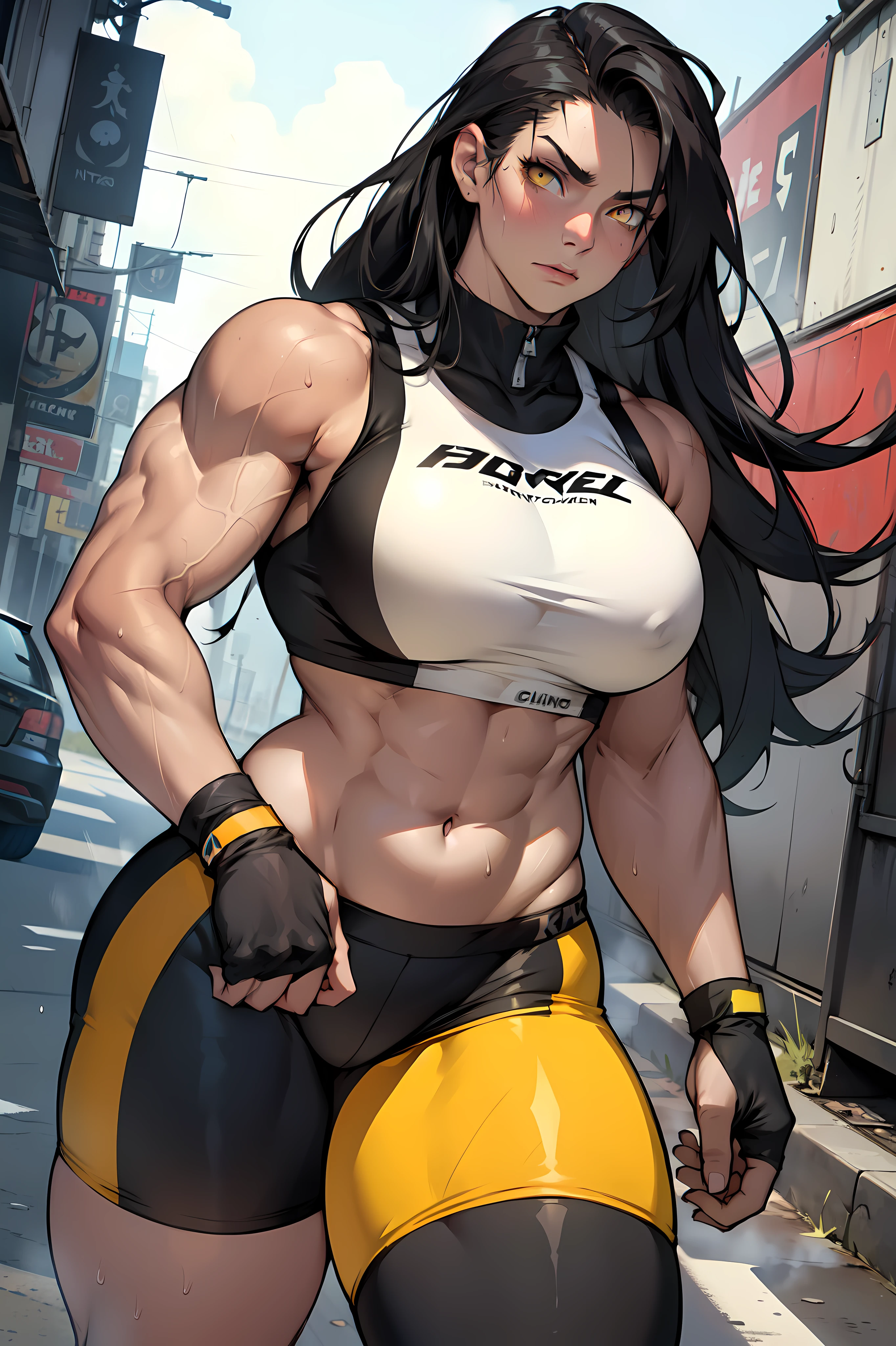 ((1girl)) pale skin (muscular large ) toned body thick thighs black hair yellow eyes (long hair messy hair) bodybuilder (seductive expression) best quality perfect anatomy compression bra bike shorts best quality sweaty steam embarrassed curvy voluptuous