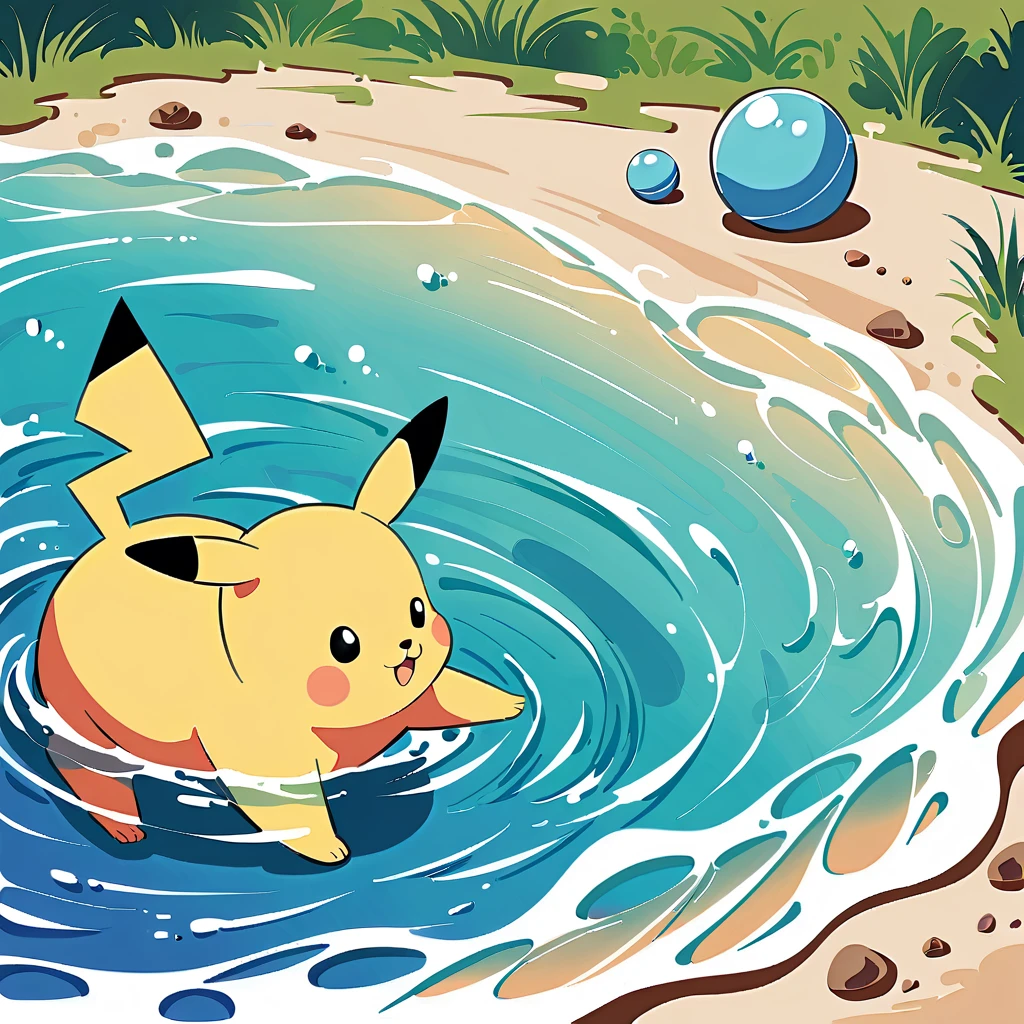 cute scene featuring Pikachu practicing swimming, Pikachu should be in a shallow pool or a calm body of water, looking determined and joyful. Use a bright and cheerful color palette with soft, painterly strokes. Include elements like a small floatation device or swim ring, water splashes around Pikachu, and perhaps a few playful bubbles. The background should feature a sunny day with clear skies, and maybe some gentle waves or distant beach scenery.