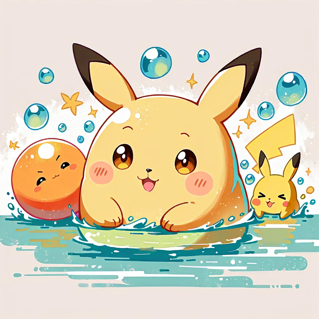 cute scene featuring Pikachu practicing swimming, Pikachu should be in a shallow pool or a calm body of water, looking determined and joyful. Use a bright and cheerful color palette with soft, painterly strokes. Include elements like a small floatation device or swim ring, water splashes around Pikachu, and perhaps a few playful bubbles. The background should feature a sunny day with clear skies, and maybe some gentle waves or distant beach scenery.