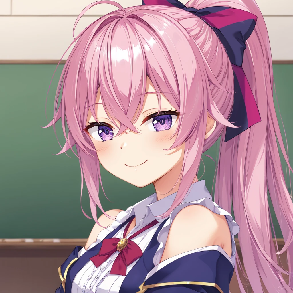 (((masterpiece)))(((Highest quality)))(((8K)))(((4K)))One Little Girl、10 years old、Straight Hair、(Pink Hair)Pink high ponytail、Ribbon on head、Crossed bangs、Light purple eyes、Squint your eyes、((Smile with your mouth closed))、((かわいいドレス))、Small breasts、Diagonally from behind、turn around、Upper Body、Anime Style