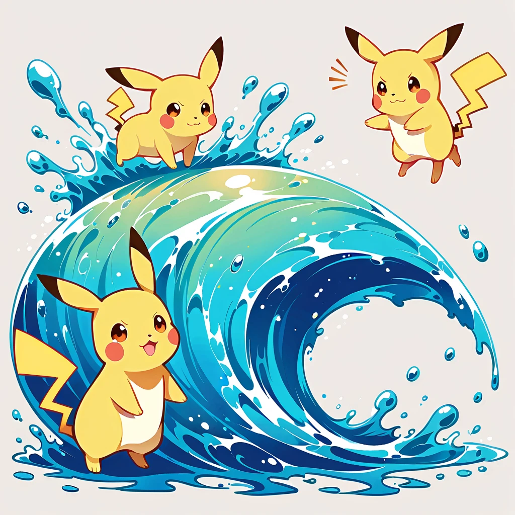 cute scene featuring Pikachu practicing swimming, Pikachu should be in a shallow pool or a calm body of water, looking determined and joyful. Use a bright and cheerful color palette with soft, painterly strokes. Include elements like a small floatation device or swim ring, water splashes around Pikachu, and perhaps a few playful bubbles. The background should feature a sunny day with clear skies, and maybe some gentle waves or distant beach scenery.