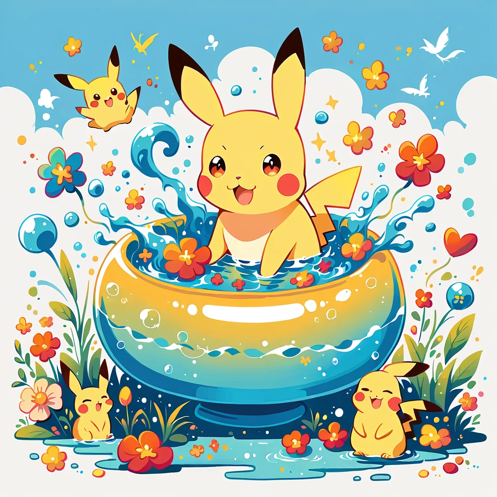 cute scene featuring Pikachu practicing swimming, Pikachu should be in a shallow pool or a calm body of water, looking determined and joyful. Use a bright and cheerful color palette with soft, painterly strokes. Include elements like a small floatation device or swim ring, water splashes around Pikachu, and perhaps a few playful bubbles. The background should feature a sunny day with clear skies, and maybe some gentle waves or distant beach scenery.