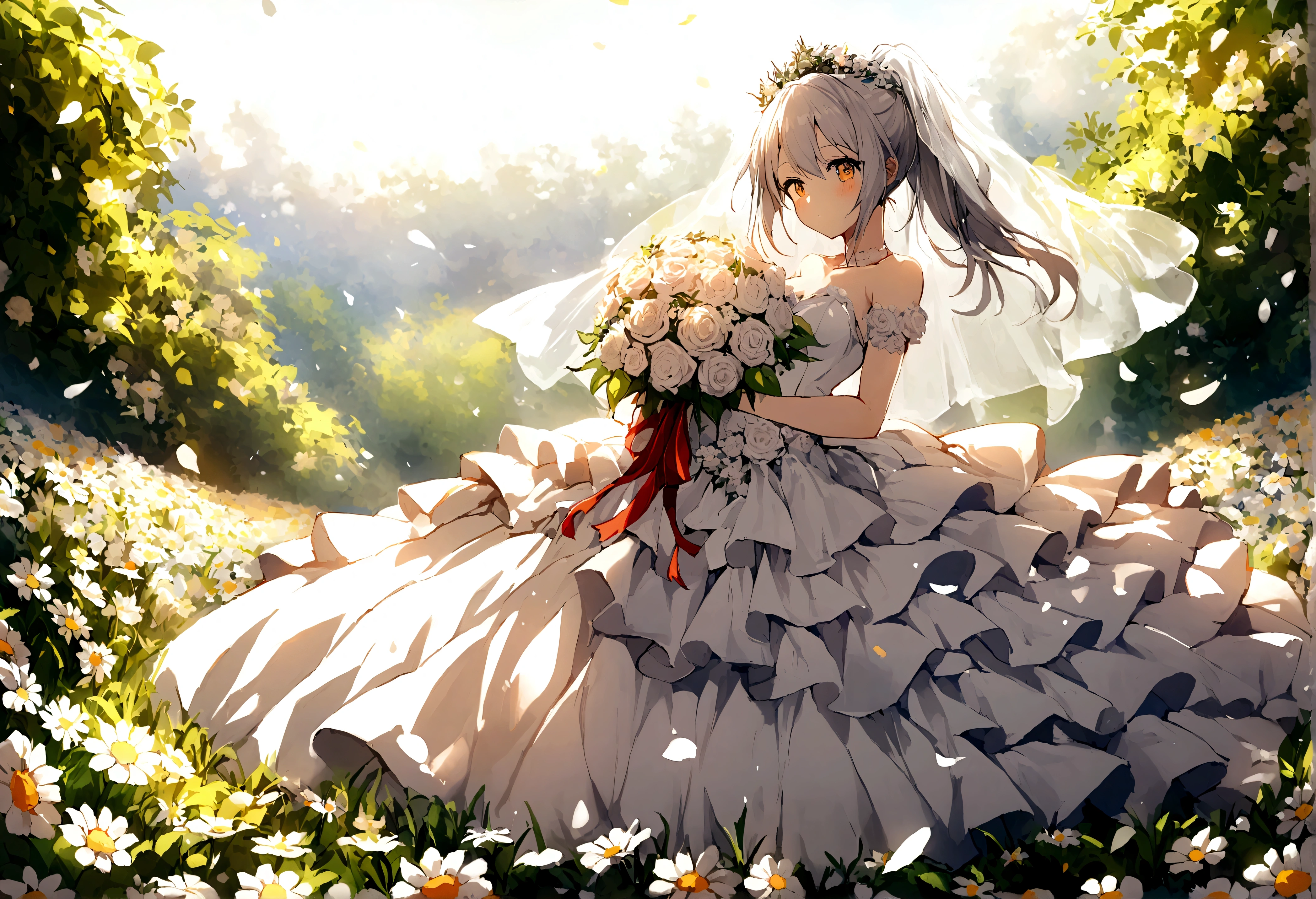 1 girl,KasuganoSora, Sora,white pantyhose,wedding dress,white gray hair,long double ponytail,bridal bouquet,wedding veil,Flower Field