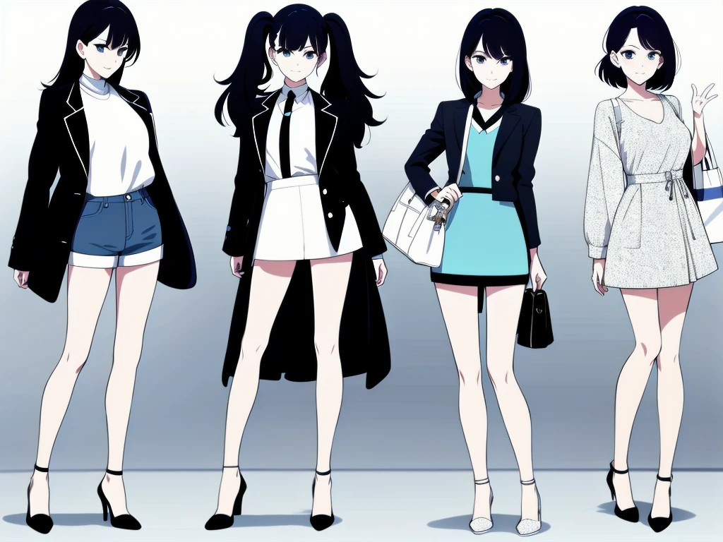 (((Best Quality))) , ((full body)), 4 lady, adult woman, multiple views, white background, variety of hairstyles, variety of fashion styles,  pose, fashionable and trendy atmosphere, holding bag, spring outfits, walk pose, short shorts,
