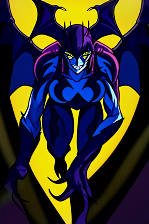 1girl,((solo)),((eyelashes)),yellow feline eyes,grin,long midface,((lineart)),broad shoulders,claws,long limbs,sexy pose,big breasts,demon wings,city ,night ,moon ,scenery ,1990s (style),perfect body, perfect face,slit pupils,Detailed arms,detailed legs,detailed face,detailed eyes,detailed pupils,((perfect anatomy)),Surreal colors,light and shadows,amazing colors ,awesome colors ,vibrant colors ,Detailed lighting ,ambient lighting ,reflective lighting ,edge lighting,overcast light,hidden light sources,cast shadows,occlusion shadows,spotlighting