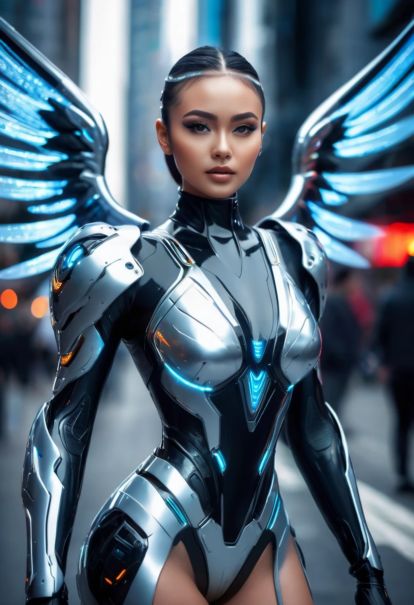 best quality, 8k, very delicate and beautiful, highly detailed face and skin texture, shiny skin, high resolution, big tits girl in futuristic suit with cyber wings stand on street, sharp focus