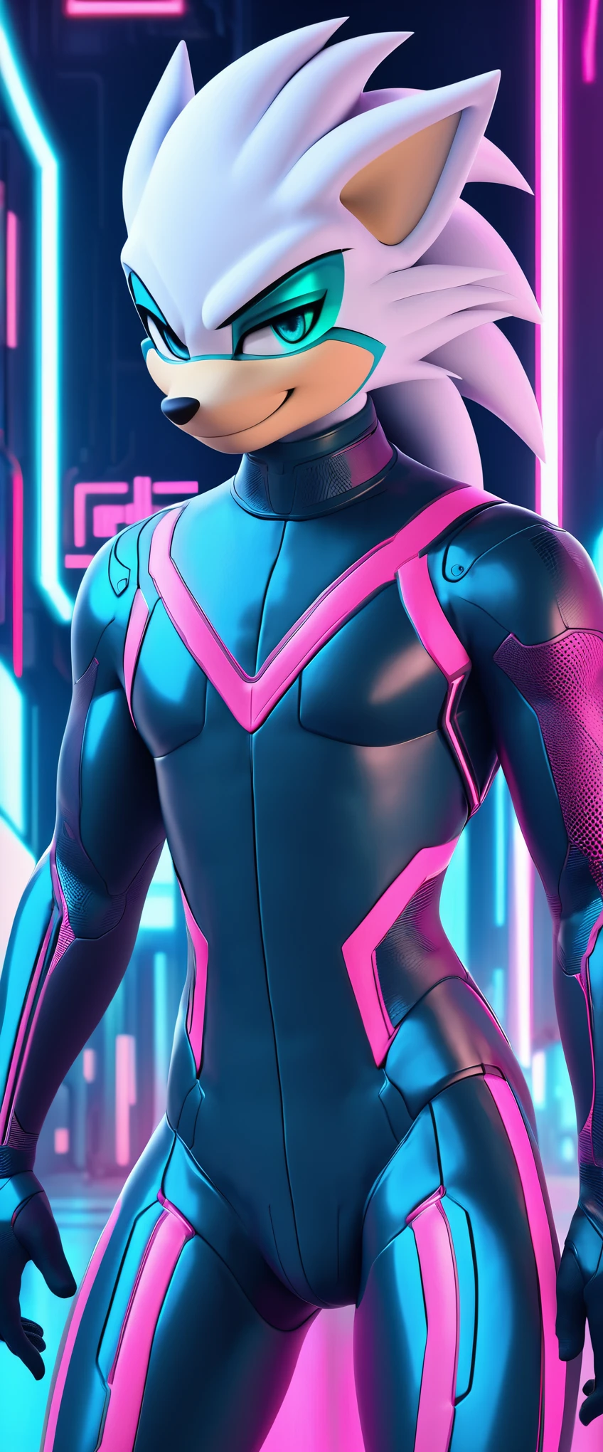(((masterpiece:1.5, 4K, 8K))), a (((full body:1.5))) high quality digitally drawn rendered image ((by SEGA)) of A solo male anthro ((silver—white hedgehog)), with glowing blue eyes, ((metallic blue eyeliner:1.5)), (((tan muzzle))), wearing a (((sci-fi bodysuit))) stands in a neon-lit cyberpunk city The android's bodysuit is adorned with (((bright teal coloring:1.5))) with (((neon pink accents:1.4))), and intricate android seams, creating a futuristic look. the android has a seductive smirk on his face