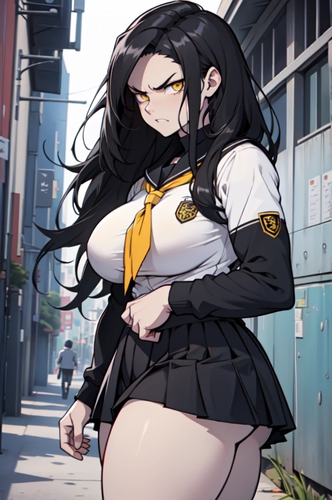 (1girl), black hair, extremely long hair, yellow eyes, ((muscular)), huge breasts, thick thighs, solo, angry, (pale skin), cowboy shot, (school uniform)