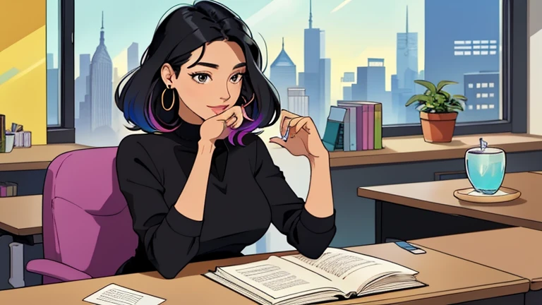In the background there are many desks and people, Beautiful black-hair woman in her 30s sitting chair in an spacious and colorful office. looking down, relaxed atmosphere, cozy, LOFI girl, blouse, desk, documents, laptop, watch, smartphone, stationery, wide glass window, only five fingers, New York, colorful, can see skyscrapers outside the window, colorful wall, pierced earrings, ring, cabinet, offee cup, Well-proportioned face, Unbroken fingers, unbroken fingers, beautiful captured fingers, White skin, Japanese, She has nothing in her hands, Only two hands