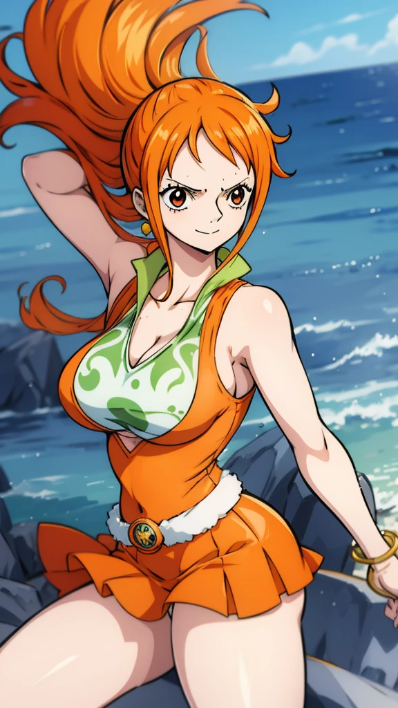 Generate a realistic anime-style image of Nami from One Piece. Capture her distinctive look with orange hair, a shirt, and a cheerful expression. Make sure the picture reflects your adventurous and confident personality as shown in the anime.., whole body, Wide plane , NSFW, Curvy athletic body, Island background,bra top, Skirt, orange eyes, orange eyes, armpits