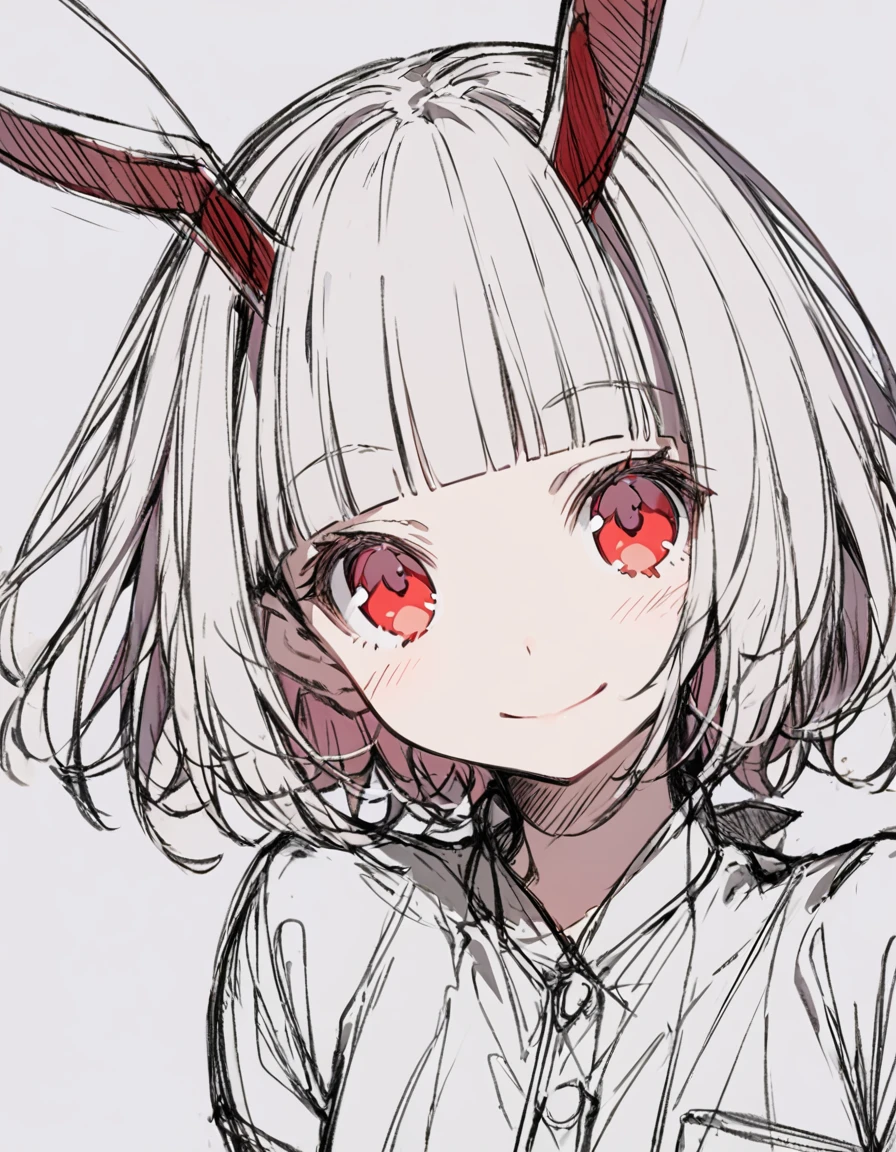Bunny ears girl(Sketches), (Open Close), (Small body), (White Hair:1.5） (Short Hair:1.4), (Red eyes)(Blunt bangs:1.3)Horns from the forehead　smile
