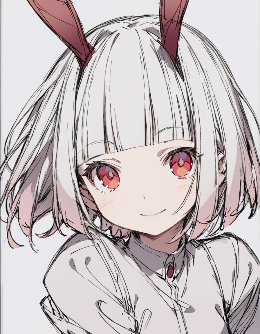  ears girl(Sketches), (Open Close), (Small body), (White Hair:1.5） (Short Hair:1.4), (Red eyes)(Blunt bangs:1.3)Horns from the forehead　smile
