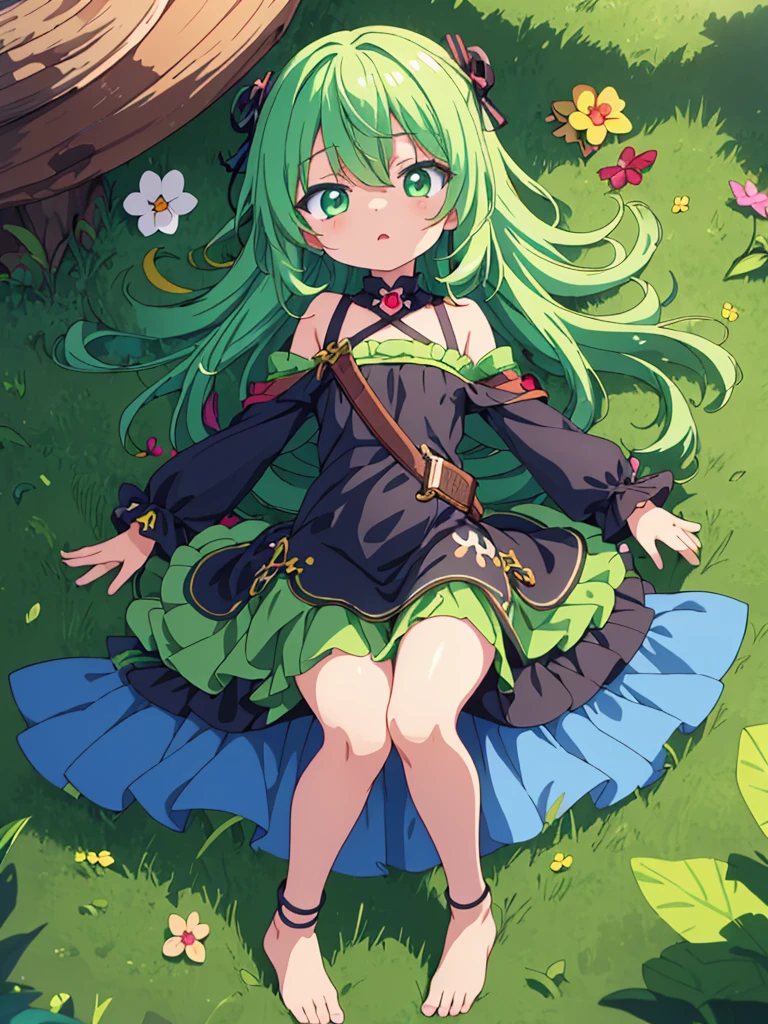 loli,masterpiece, highest quality,highquality,HD,anime,small female,cute,pretty,kawaii,micro body,Green hair,Barefoot,slanted eyes,,ebony skin,arms behind