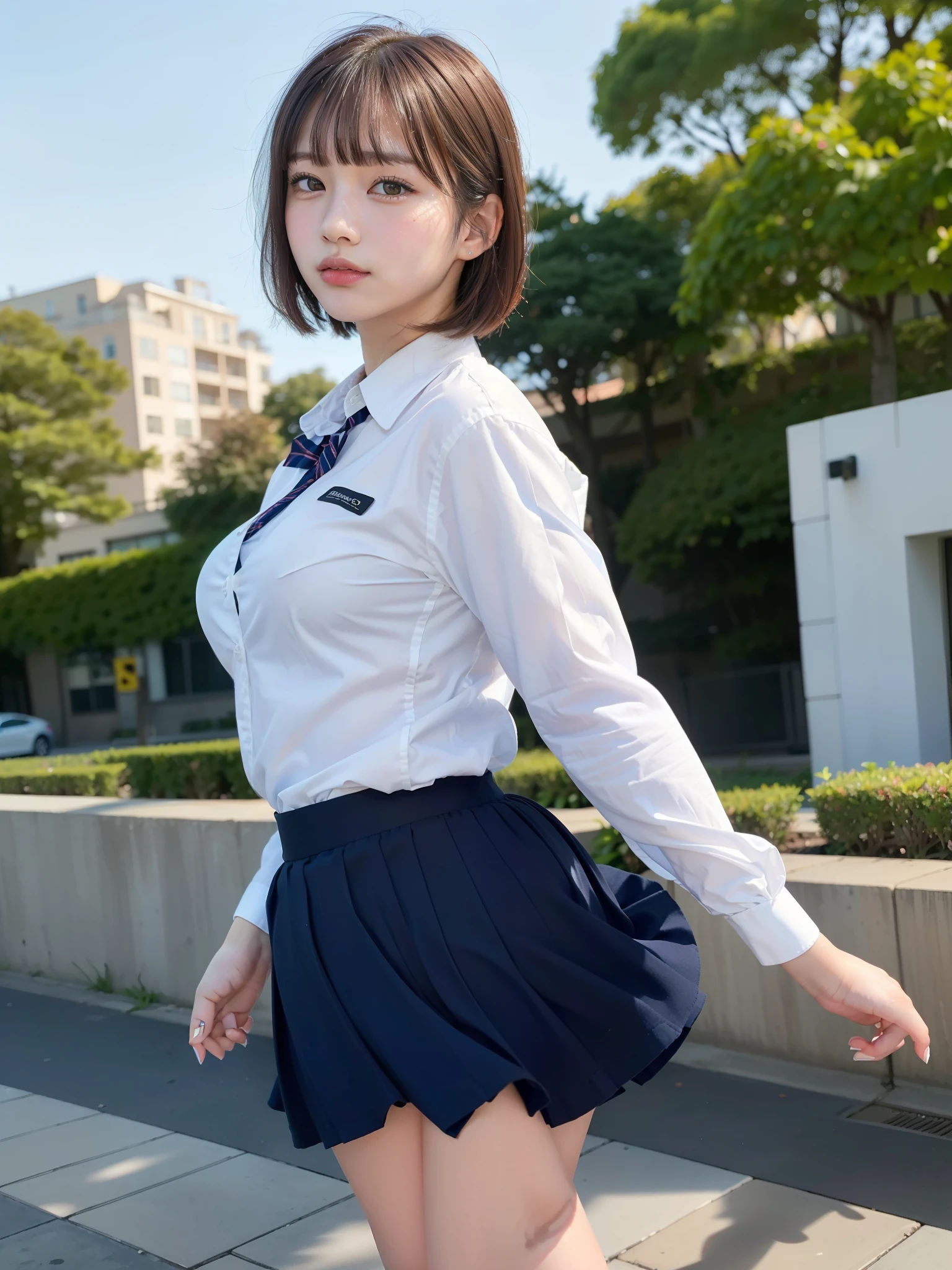 ((Best of the highest quality, 8k, Masterpiece, raw photo: 1.2)), (Sharp focus: 1.2), (1 AESPA, slim body type female, 21 y/o: 1.1), (Solo: 1.28), (realistic, photo-realistic:1.37), face focus, cute face, finely eyes, (droopy eyes: 1.32), (Emphasize prominent aegyo-sal with bright: 1.2), shimmering eyeshadow applied under the lower lash line, paired with thick, (small breasts, flat chest, Thigh: 1.3), (short messy hair, bangs: 1.28), (wearing school uniform, skirt: 1.32), (ribbon: 1.1), walking terrace dining, flower, (skirt is rolled up by the wind, from behind: 1.16)