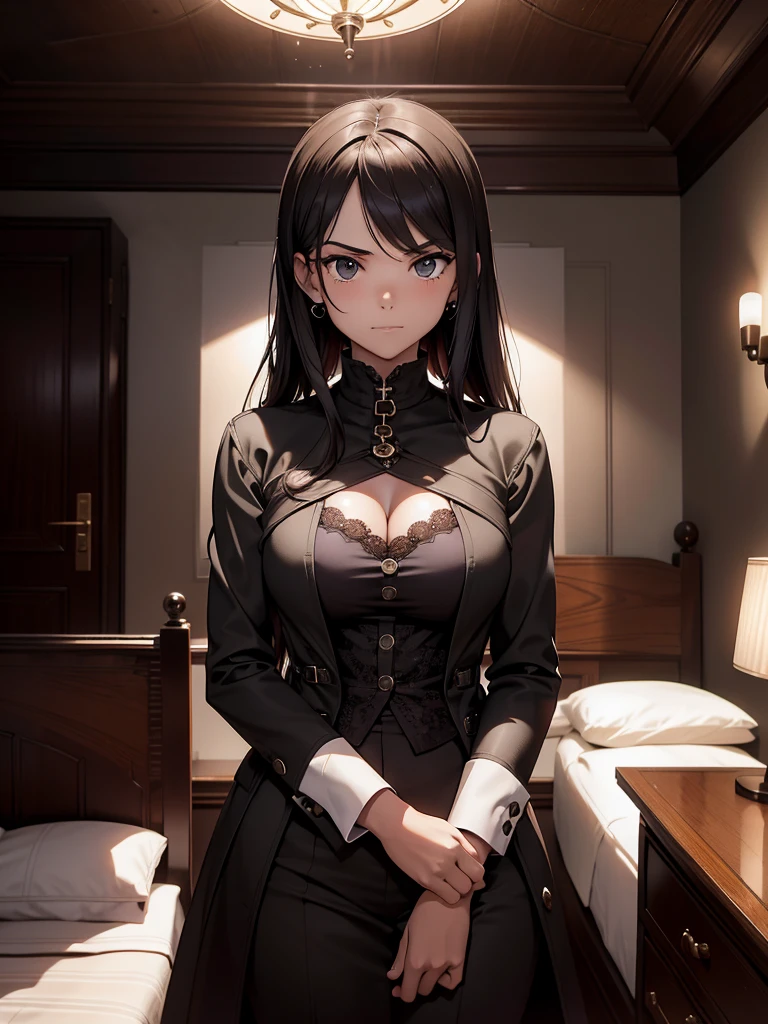 (masterpiece、top-quality、hight resolution、Unity 8k Wallpaper、extremely details CG:1), In a dimly lit hotel room, a man sits on the edge of the bed, looking shocked and uncomfortable. Standing in front of him is a woman dressed as an escort, who he quickly recognizes as the delinquent girl who used to bully him in school. Her expression is a mix of surprise and amusement as she realizes who he is. She stands with one hand on her hip and a teasing smile on her face, clearly enjoying his discomfort. The room is simple, with a bed, nightstand, and dim lighting, creating an intimate yet tense atmosphere. The focus is on their facial expressions and body language, highlighting the awkward and unexpected reunion.