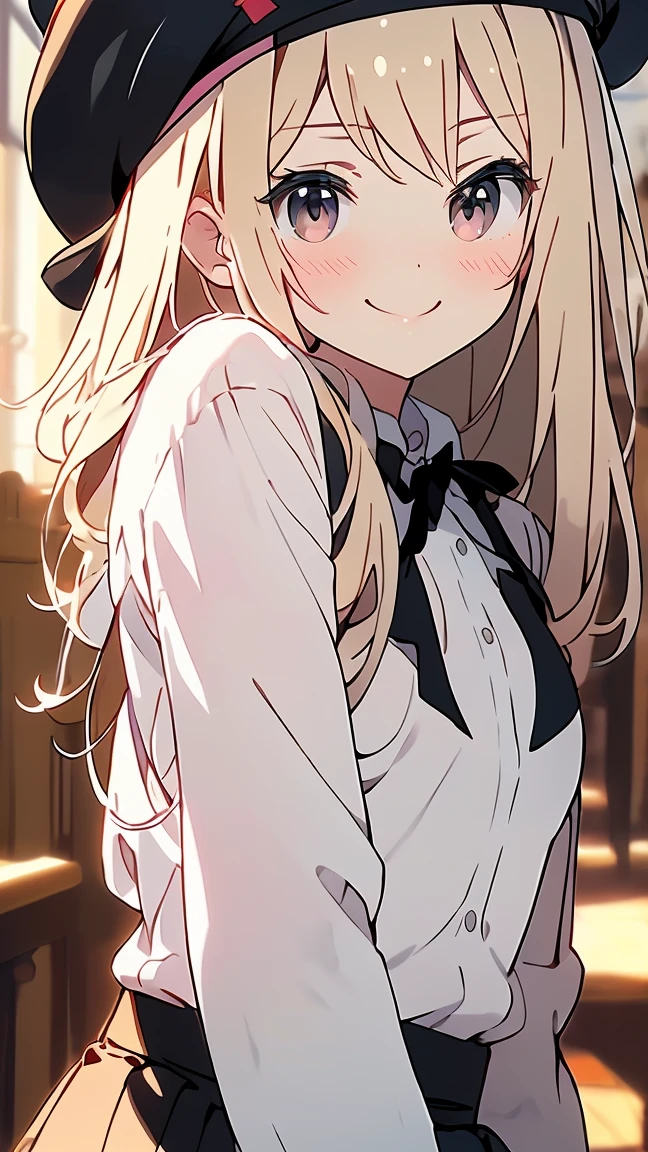 Highest quality,masterpiece,masterpiece portrait,Upper Body, Blonde、Blue Eyes、Pink lips、、White shirt、Black ribbon at chest、cartoonist、(((Slightly erotic)))、Wear a red beret、tilt your head and smile、Anime Style、Beauty、Her background is monochrome black、(((Front view)))、Looking up,oil