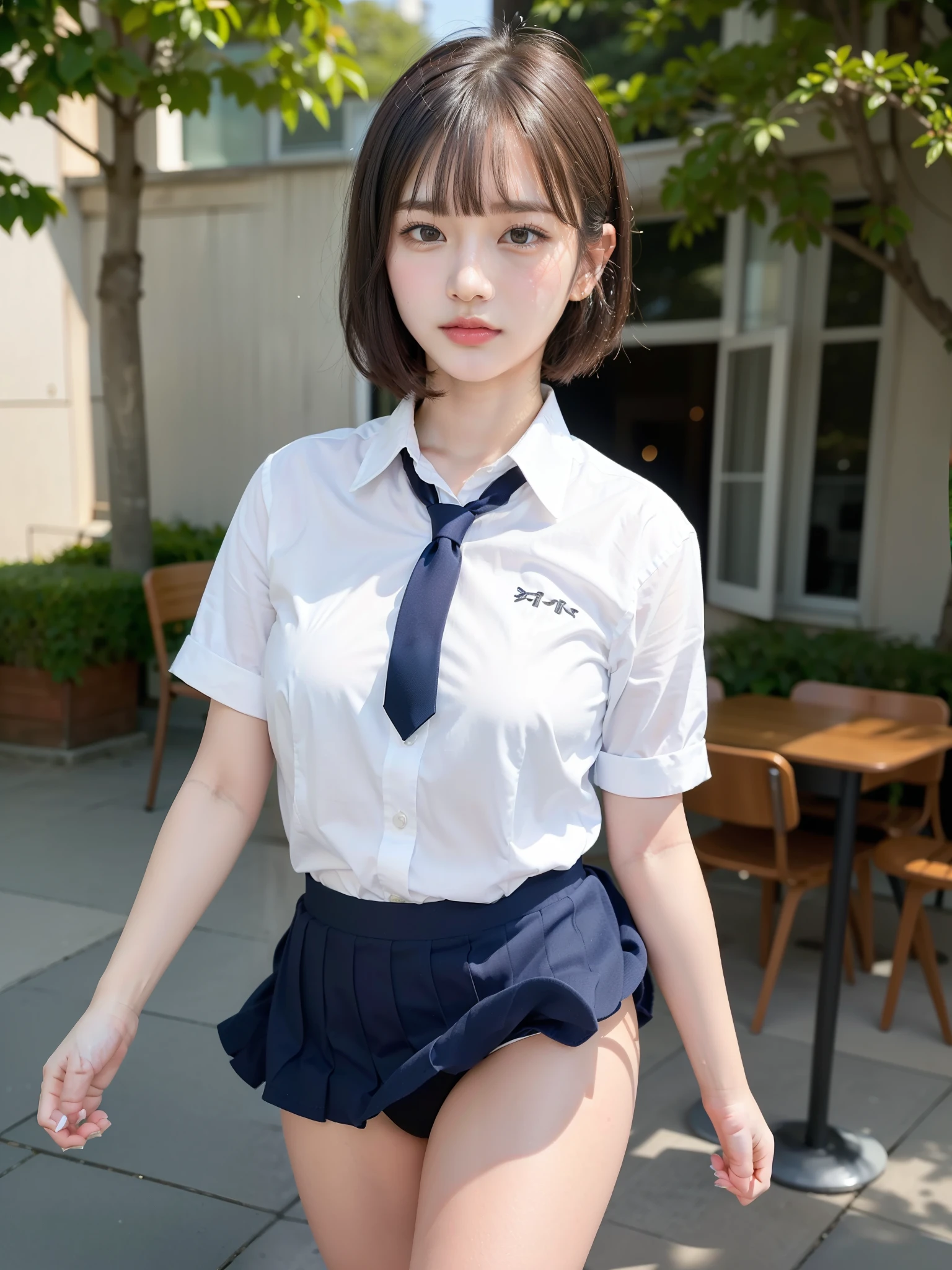 ((Best of the highest quality, 8k, Masterpiece, raw photo: 1.2)), (Sharp focus: 1.2), (1 AESPA, slim body type female, 21 y/o: 1.1), (Solo: 1.28), (realistic, photo-realistic:1.37), face focus, cute face, finely eyes, (droopy eyes: 1.32), (Emphasize prominent aegyo-sal with bright: 1.2), shimmering eyeshadow applied under the lower lash line, paired with thick, (small breasts, flat chest, Thigh: 1.3), (short messy hair, bangs: 1.28), (wearing school uniform, skirt: 1.32), (ribbon: 1.1), walking terrace dining, flower, (skirt is rolled up by the wind, from behind: 1.16)