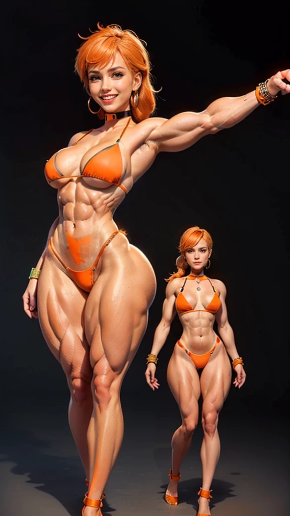 (Muscular:1.9), (thick thighs:1.8), 
blonde woman, (big smile:1.5), blunt bangs, (long hair:0.9), (ponytail:0.8),
hard nipples, (perky breasts:1.2),
(eyeshadow, lipstick, earrings), (bracelet, choker, orange bikini top, orange thong:1.6),
(looking at viewer), (three quarter front view:1.4), (upper body view:1.3),
rim lighting, detailed skin, detailed eyes, at the bech, two tone lighting