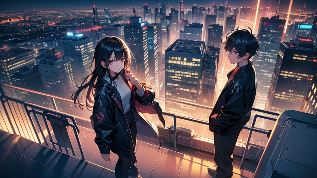 Create an city center scene on a rooftop at night, with the City skyline visible in the distance and a low glow coming from the streets below. Use Lo-fi aesthetic in the style of Katsuhiro Ôtomo anime.

(Highest quality,4K,8K,High resolution,masterpiece:1.2),Super detailed,, High resolution,超High resolution,Studio Lighting,Ultra-fine painting,Sharp focus,Physically Based Rendering,Very detailed explanation,Professional,Vibrant colors,Bokeh, Portraiture,landscape,Horror,anime,sf,photograph,Concept Artist, Lo-fi aesthetic, rooftop scene, city center, City skyline, Night view, Distant lights from the street below, Katsuhiro Ôtomo anime style